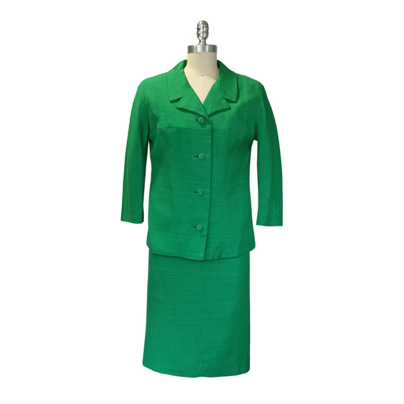 Vintage 1960s Emerald Green Skirt Suit Size S M Dupioni Mod 60s Secretary MCM - Picture 2 of 10